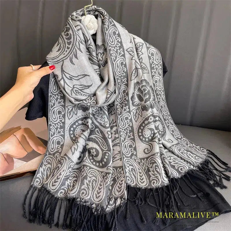 Tassel Blanket Design Thick Pashmina New Winter Warm Shawl Wrap Cashmere Scarf Women Neckerchief Poncho Stoles 2024