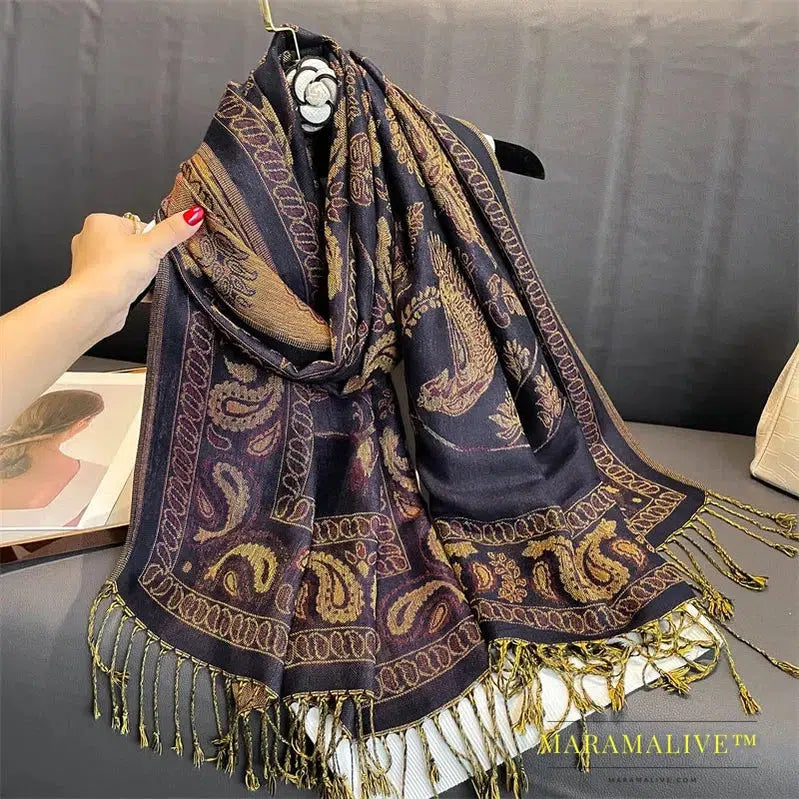 Tassel Blanket Design Thick Pashmina New Winter Warm Shawl Wrap Cashmere Scarf Women Neckerchief Poncho Stoles 2024