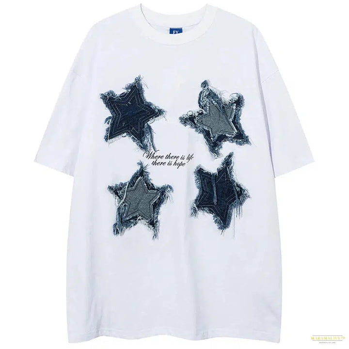 Tassel Denim Star Patchwork T Shirts Summer Fashion Men Streetwar Hip Hop Oversized T-shirt Harajuku Loose Cotton Tshirt Unisex