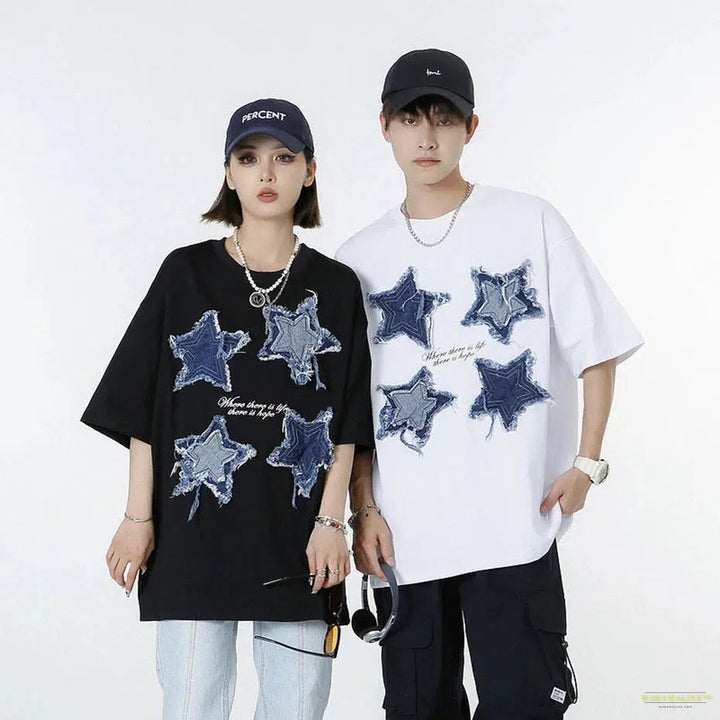 Tassel Denim Star Patchwork T Shirts Summer Fashion Men Streetwar Hip Hop Oversized T-shirt Harajuku Loose Cotton Tshirt Unisex