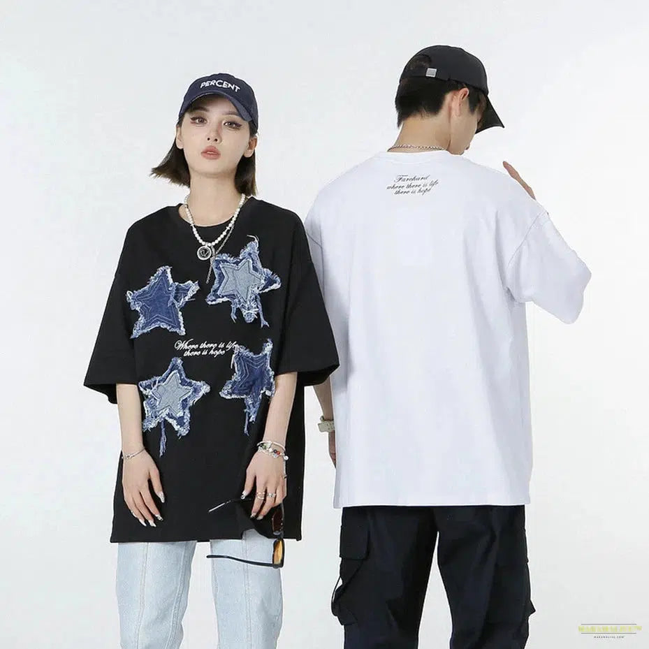 Tassel Denim Star Patchwork T Shirts Summer Fashion Men Streetwar Hip Hop Oversized T-shirt Harajuku Loose Cotton Tshirt Unisex