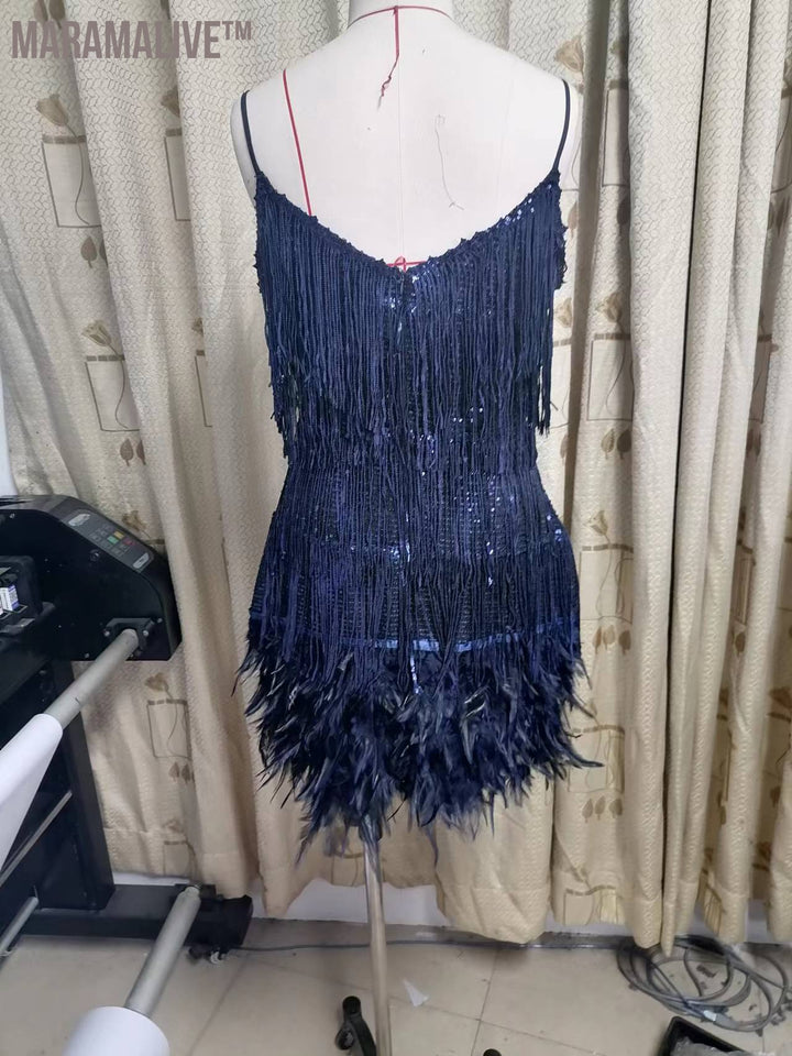 Tassel Sequins Feather Stitching Dress