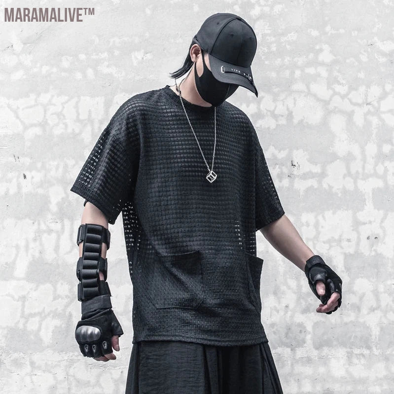 Techwear Black T-Shirt Men 2023 Summer Mesh Hollowed out T-shirt Short Sleeve Tshirts Hip Hop Streetwear Cotton Tops Tees