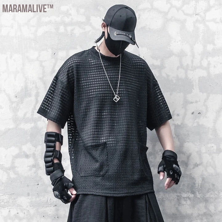 Techwear Black T-Shirt Men 2023 Summer Mesh Hollowed out T-shirt Short Sleeve Tshirts Hip Hop Streetwear Cotton Tops Tees