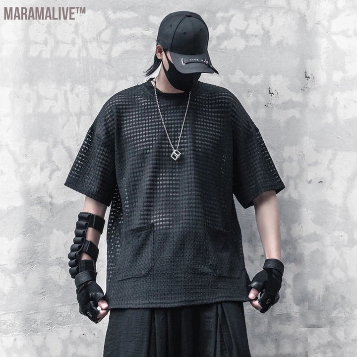 Techwear Black T-Shirt Men 2023 Summer Mesh Hollowed out T-shirt Short Sleeve Tshirts Hip Hop Streetwear Cotton Tops Tees