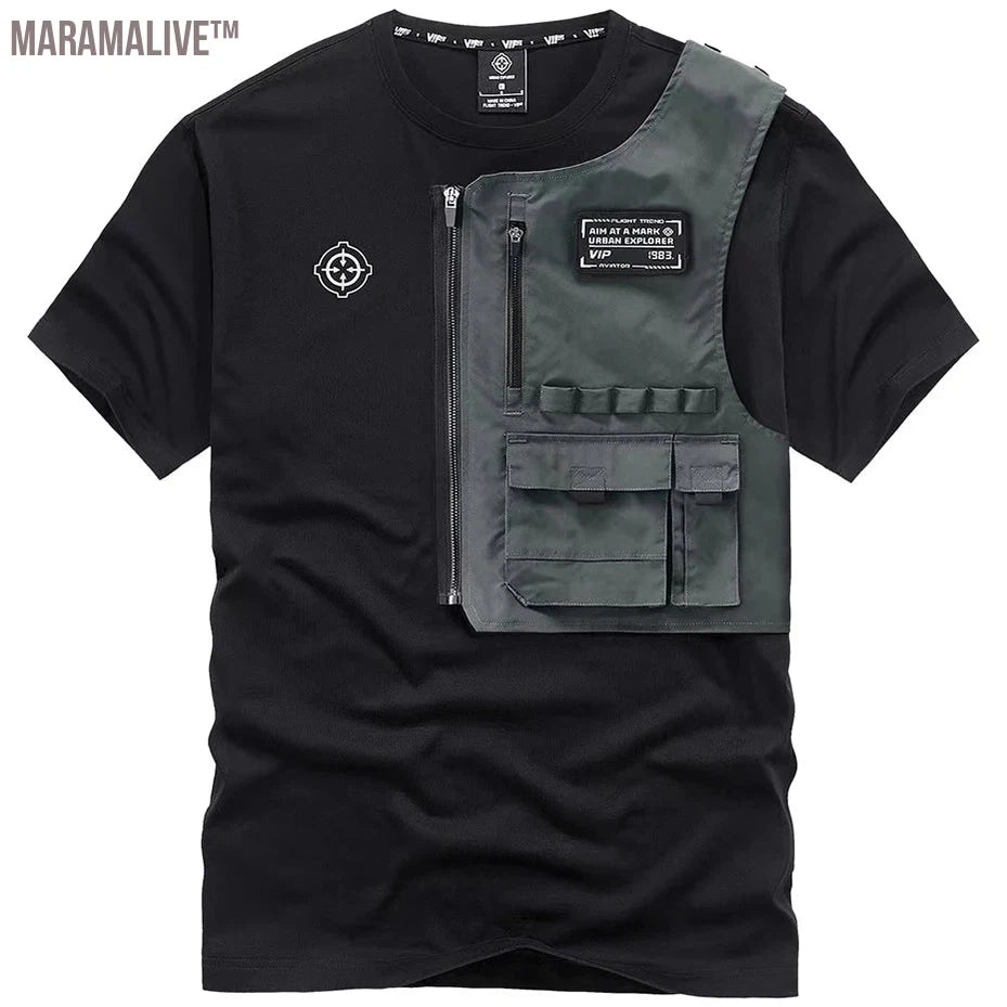 Techwear Cargo T-shirt Men Summer Short Sleeve Tshirt Harajuku Black T Shirts Tactical Function Tops Tees Male Detachable Design