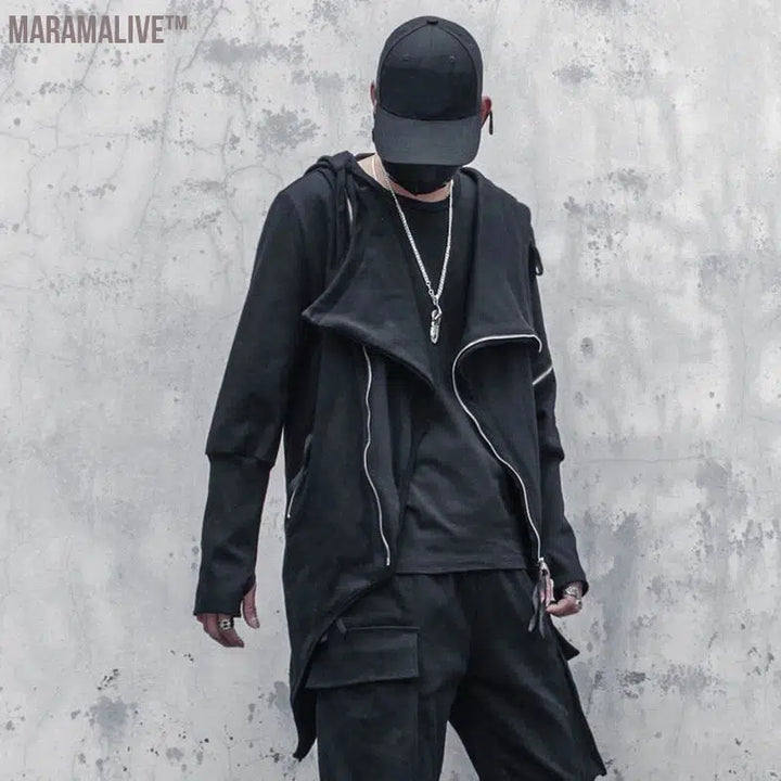 Techwear Harajuku Hoodies Men New Zipper Design Irregular Hem Coat Hip Hop Streetwear Sweatshirts