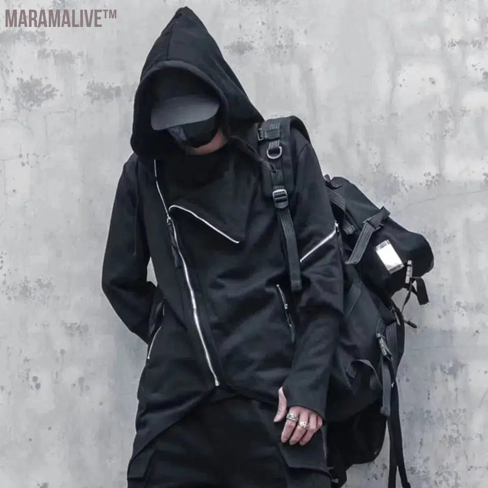 Techwear Harajuku Hoodies Men New Zipper Design Irregular Hem Coat Hip Hop Streetwear Sweatshirts