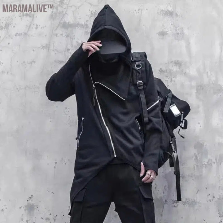 Techwear Harajuku Hoodies Men New Zipper Design Irregular Hem Coat Hip Hop Streetwear Sweatshirts