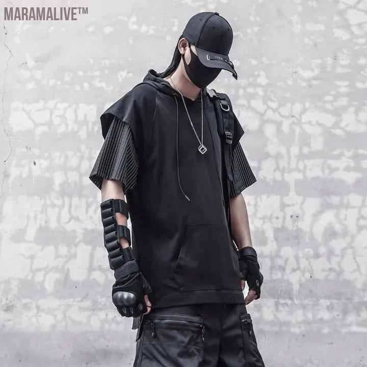 Techwear Hip Hop Dark Hood T-Shirt Men Summer Fake two Pieces Streetwear Tshirts Cotton Tops Tees Techwear Black