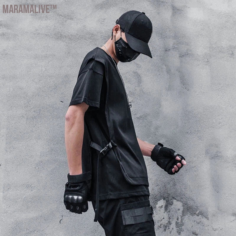 Techwear Hip Hop Dark T-Shirt Men Summer Fake two Pieces Ribbon Design Streetwear Tshirts Cotton Tops Tees