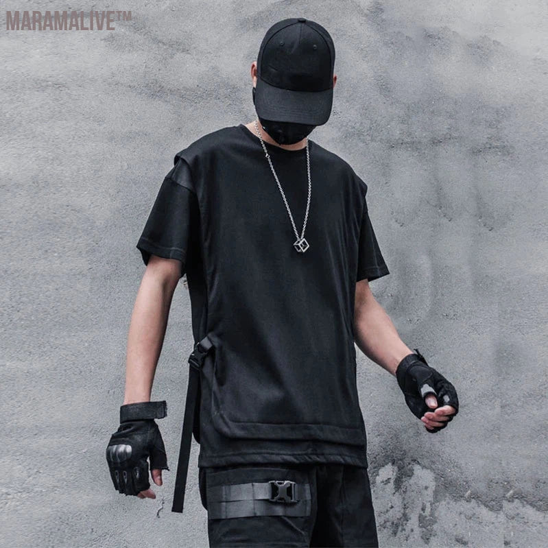 Techwear Hip Hop Dark T-Shirt Men Summer Fake two Pieces Ribbon Design Streetwear Tshirts Cotton Tops Tees