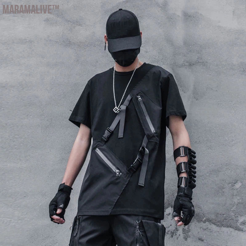 Techwear Hip Hop Dark T-Shirt Men Summer Zipper Patchwork Ribbon Design Streetwear Tshirts Cotton Tops Tees