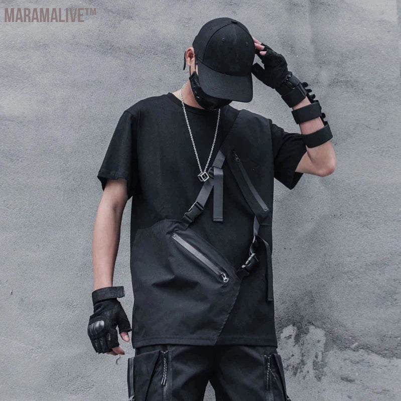 Techwear Hip Hop Dark T-Shirt Men Summer Zipper Patchwork Ribbon Design Streetwear Tshirts Cotton Tops Tees