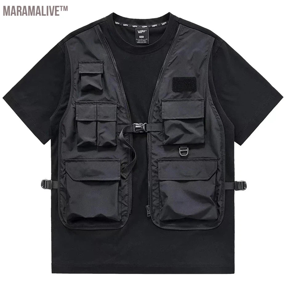 Techwear T Shirts Y2K Function Cargo Tops Men's New Streetwear Hip Hop Tshirt Vest Fake Two Piece Ninja Darkwear Tee Shirt