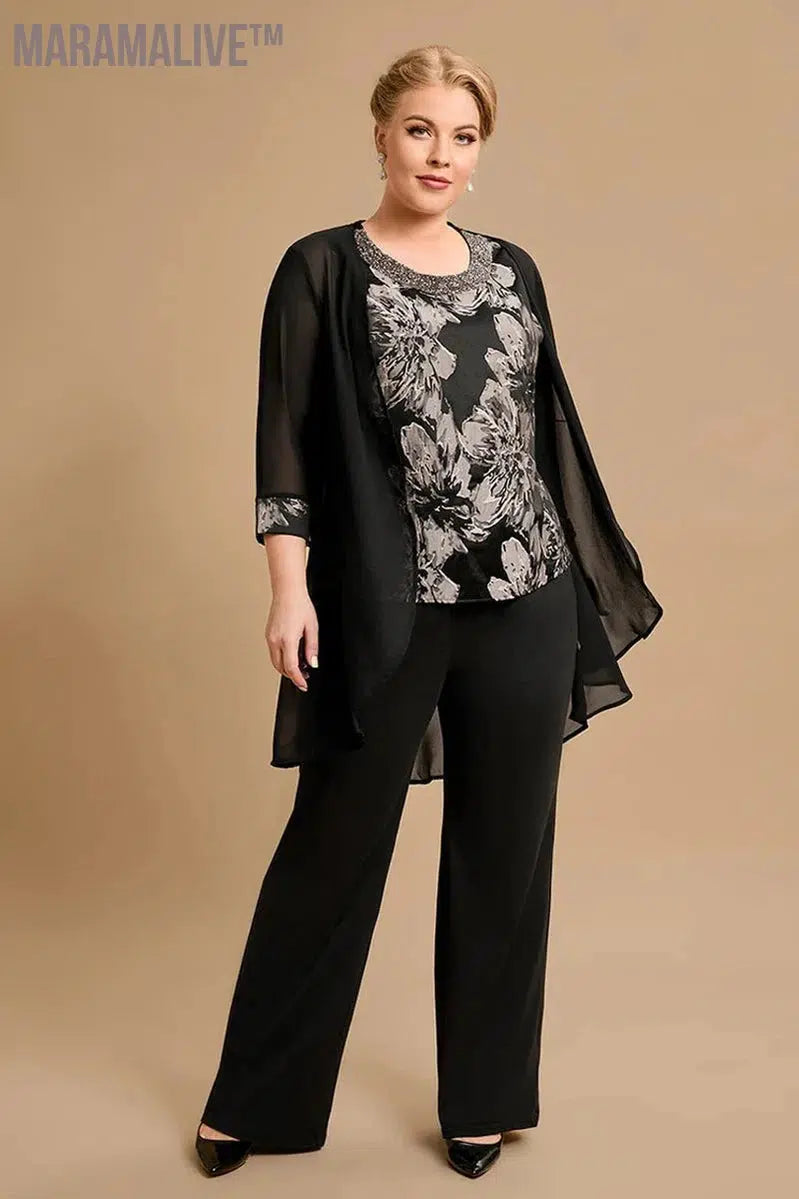 Temperament Plus Size Mother Of The Bride Chiffon Floral Print Three Pieces Pant Suit Summer 3/4 Sleeve Women's Matching Set