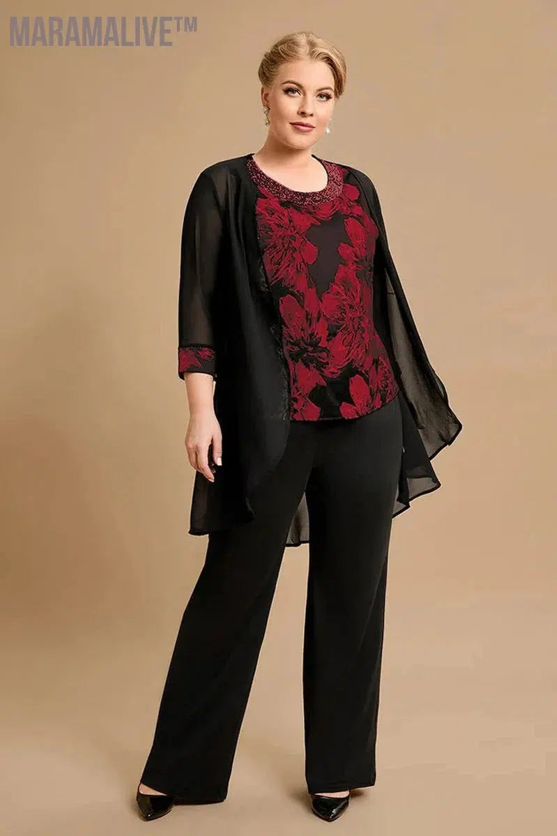 Temperament Plus Size Mother Of The Bride Chiffon Floral Print Three Pieces Pant Suit Summer 3/4 Sleeve Women's Matching Set