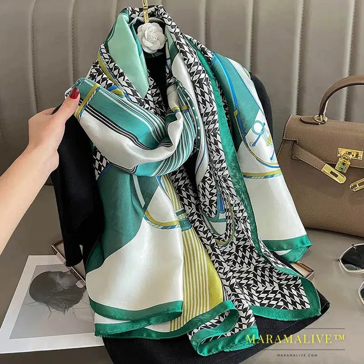 The Four Seasons 180*90CM Scarves Fashion Design Satin Finish Shawl Women Popular Print Warm Luxury Brand Lrage Silk Scarf