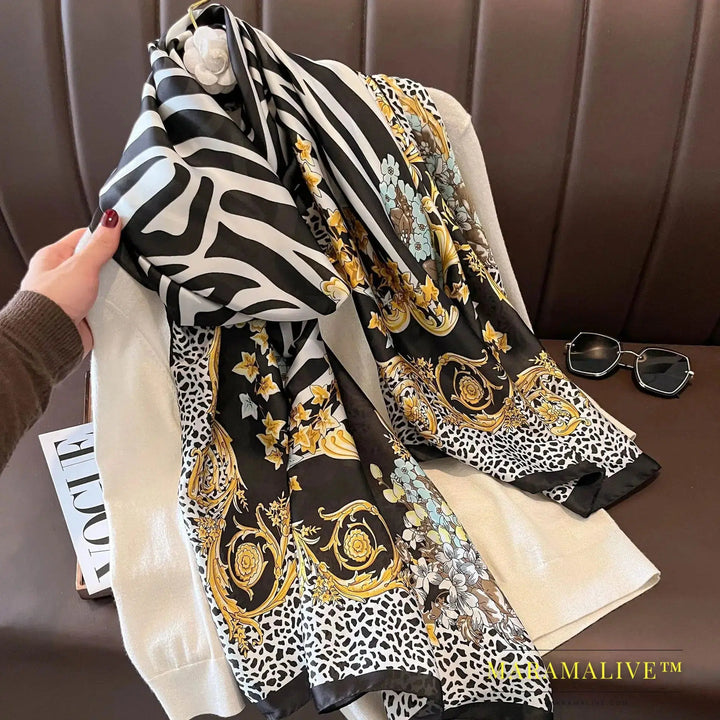 The Four Seasons 180*90CM Scarves Fashion Design Satin Finish Shawl Women Popular Print Warm Luxury Brand Lrage Silk Scarf