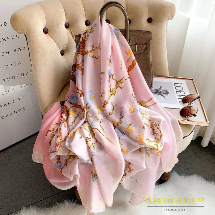 The Four Seasons 180*90CM Scarves Fashion Design Satin Finish Shawl Women Popular Print Warm Luxury Brand Lrage Silk Scarf