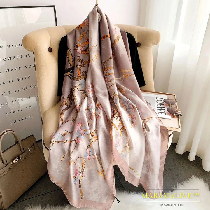 The Four Seasons 180*90CM Scarves Fashion Design Satin Finish Shawl Women Popular Print Warm Luxury Brand Lrage Silk Scarf