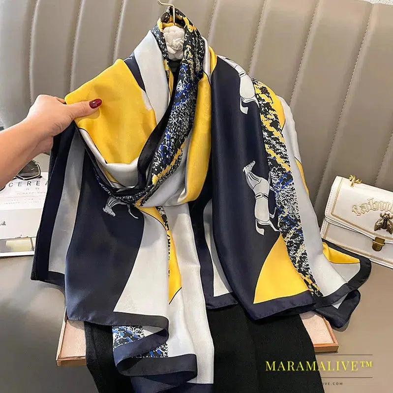 The Four Seasons 180*90CM Scarves Fashion Design Satin Finish Shawl Women Popular Print Warm Luxury Brand Lrage Silk Scarf