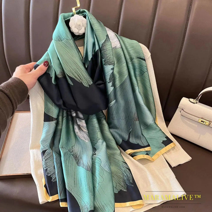 The Four Seasons 180*90CM Scarves Fashion Design Satin Finish Shawl Women Popular Print Warm Luxury Brand Lrage Silk Scarf