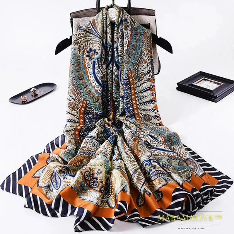 The Four Seasons 180*90CM Scarves Fashion Design Satin Finish Shawl Women Popular Print Warm Luxury Brand Lrage Silk Scarf