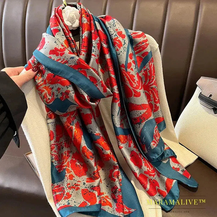 The Four Seasons 180*90CM Scarves Fashion Design Satin Finish Shawl Women Popular Print Warm Luxury Brand Lrage Silk Scarf