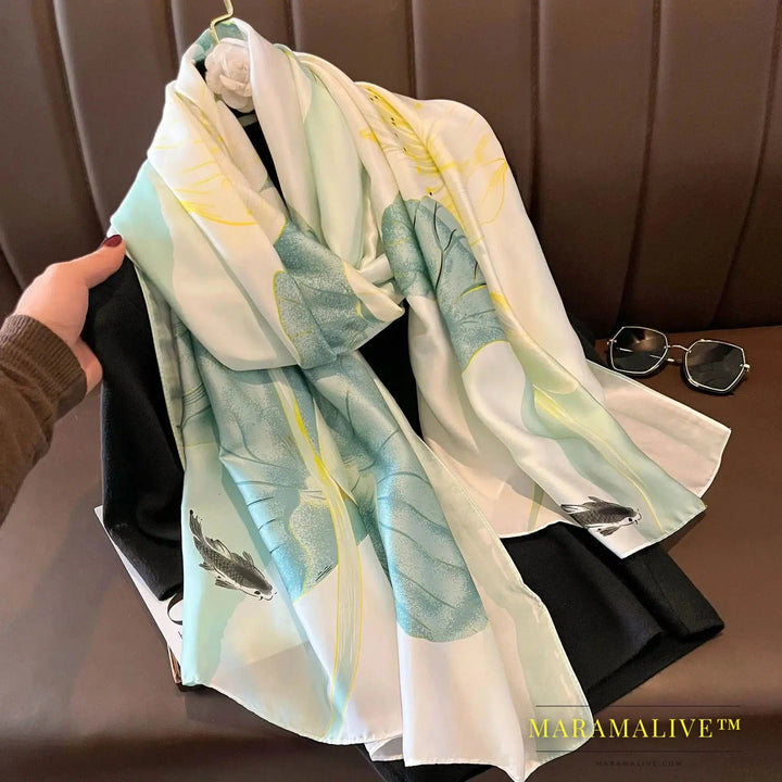 The Four Seasons 180*90CM Scarves Fashion Design Satin Finish Shawl Women Popular Print Warm Luxury Brand Lrage Silk Scarf