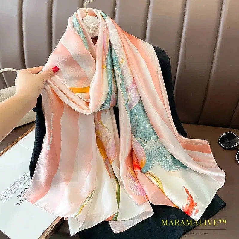 The Four Seasons 180*90CM Scarves Fashion Design Satin Finish Shawl Women Popular Print Warm Luxury Brand Lrage Silk Scarf