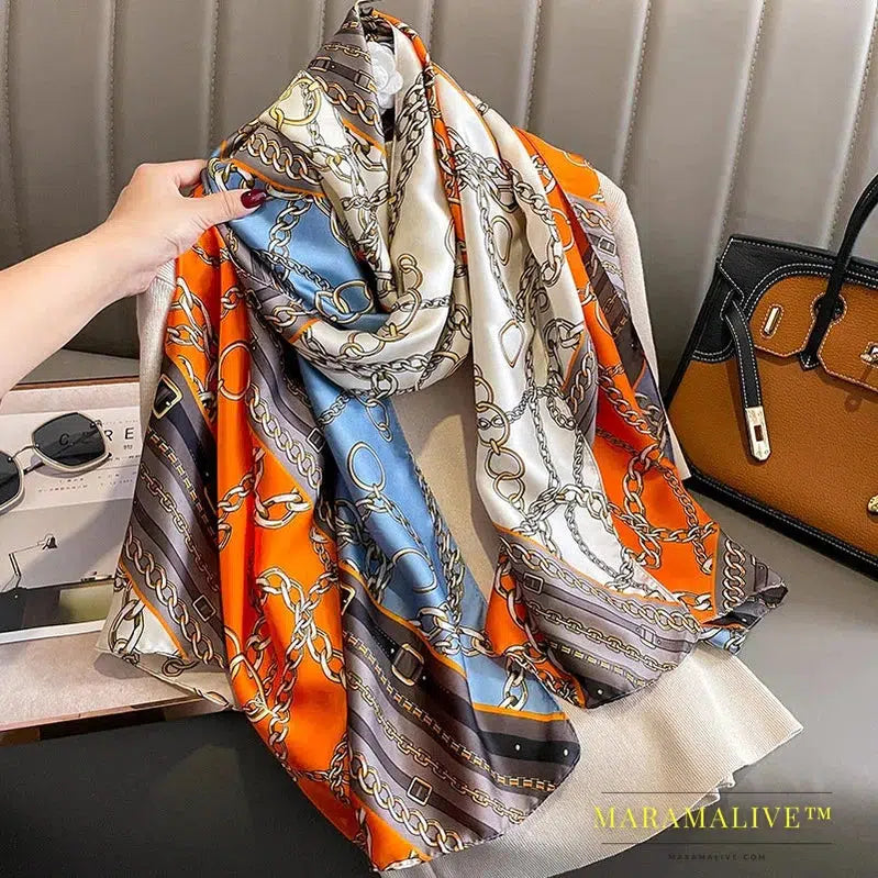 The Four Seasons 180*90CM Scarves Fashion Design Satin Finish Shawl Women Popular Print Warm Luxury Brand Lrage Silk Scarf