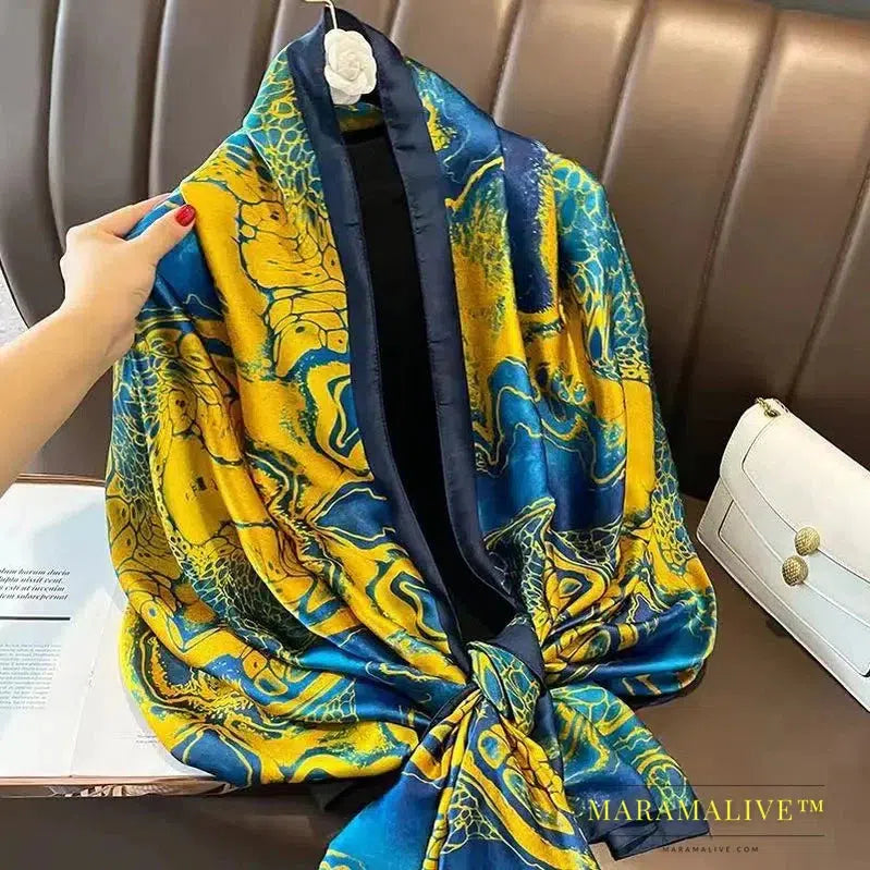 The Four Seasons 180*90CM Scarves Fashion Design Satin Finish Shawl Women Popular Print Warm Luxury Brand Lrage Silk Scarf