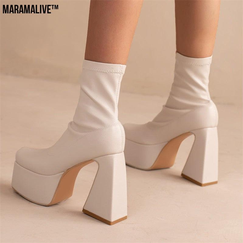 Thick Sole Shaped Heel Sleeve Low Top Square Toe Women's Boots