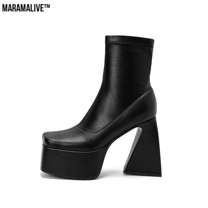 Thick Sole Shaped Heel Sleeve Low Top Square Toe Women's Boots