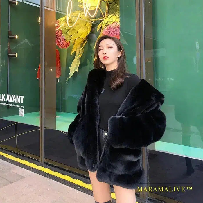 Thickened Mink Velvet Coat Women Winter Clothes New Jacket Version Loose Imitation Rabbit Fur Plush Hooded Fur Coat