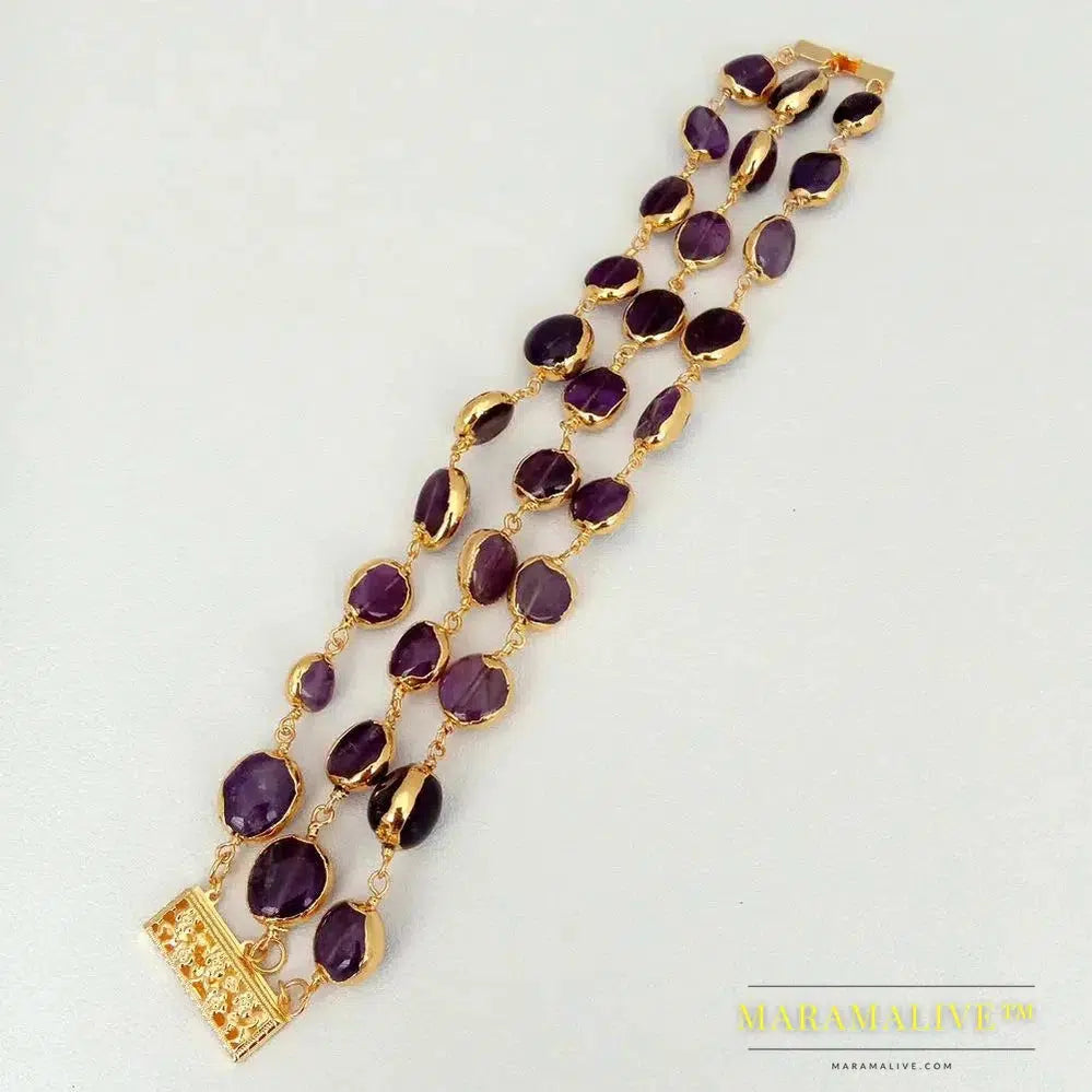 Three Strands Natural Amethyst Oval Pave With Electroplated Edge Wrap Bracelet 8"