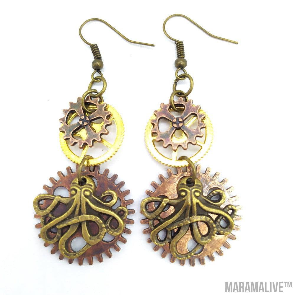 Three-color Gear Octopus Steampunk Earrings