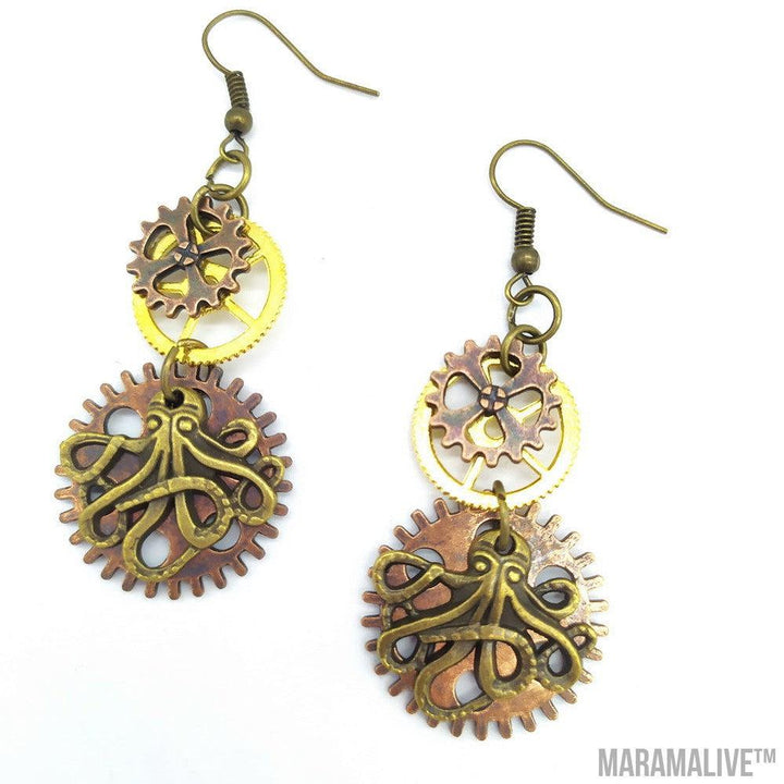 Three-color Gear Octopus Steampunk Earrings