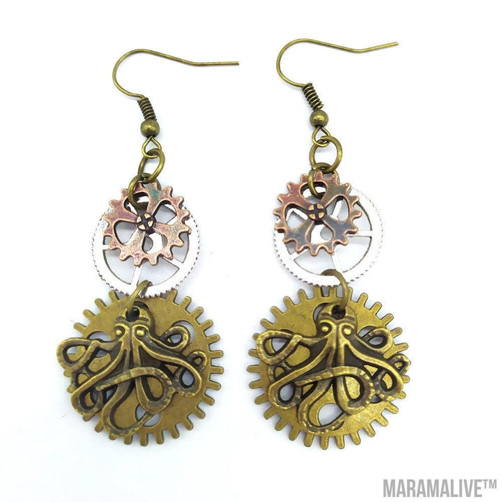 Three-color Gear Octopus Steampunk Earrings