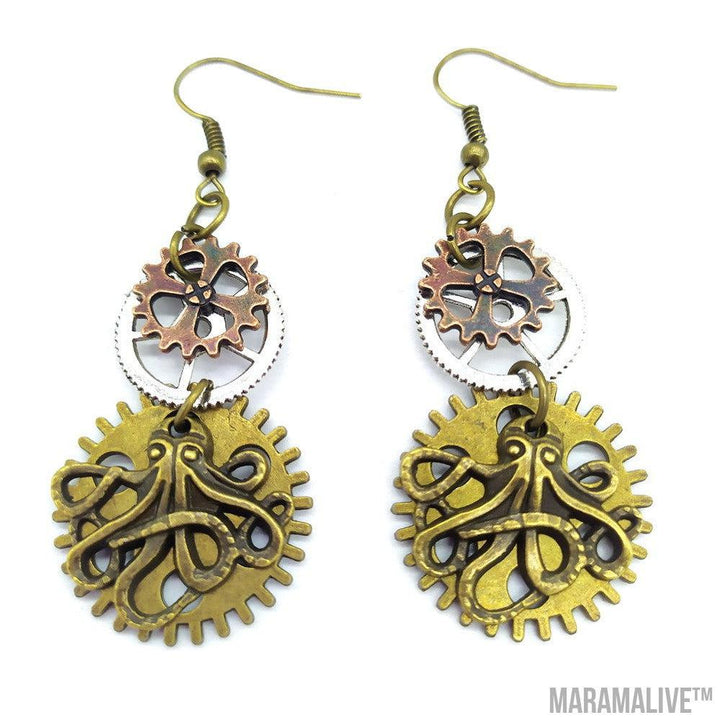 Three-color Gear Octopus Steampunk Earrings