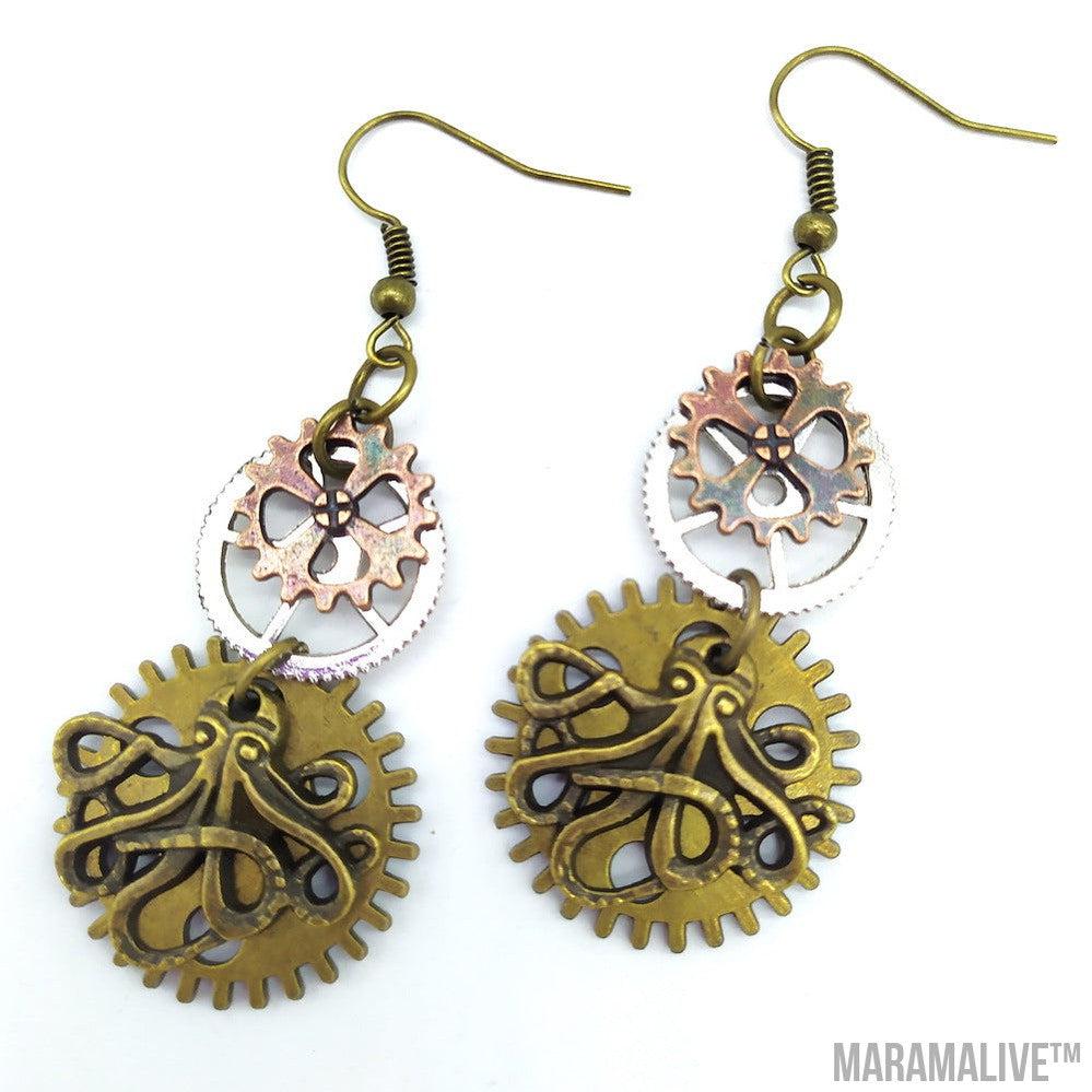 Three-color Gear Octopus Steampunk Earrings