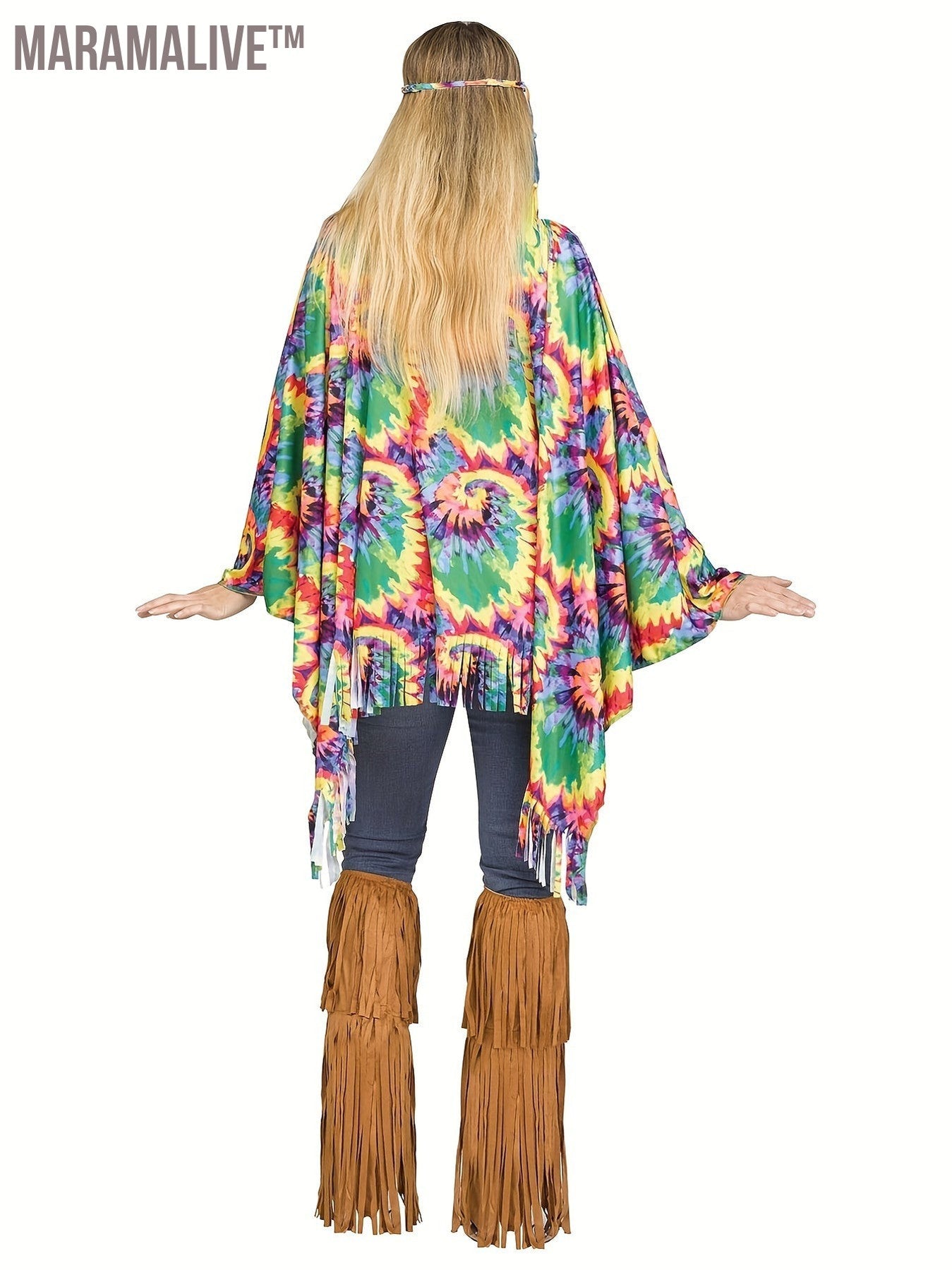 Tie-Dye Print Hippie Poncho, Colorful Halloween Costume, Women's Clothing