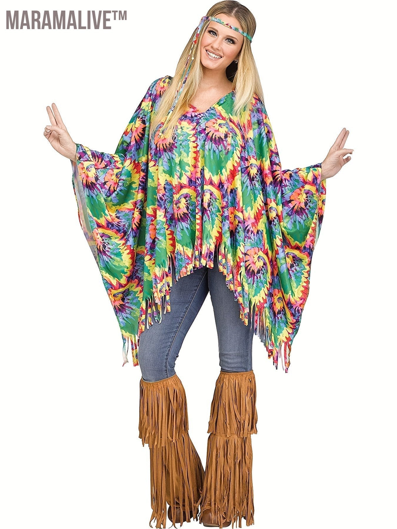 Tie-Dye Print Hippie Poncho, Colorful Halloween Costume, Women's Clothing