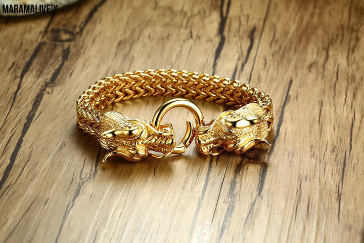 Titanium steel men's golden dragon head bracelet