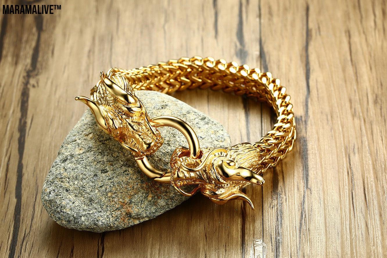 Titanium steel men's golden dragon head bracelet