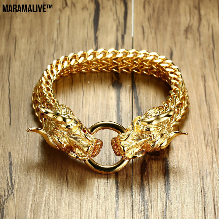 Titanium steel men's golden dragon head bracelet