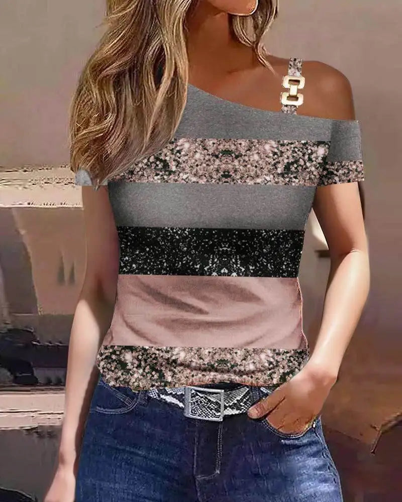 Top Women Summer Fashion Simple Metal Buckle Oblique Collar Casual Short-Sleeved Printed T-Shirt Top Y2K Clothes