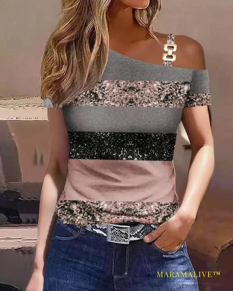 Top Women Summer Fashion Simple Metal Buckle Oblique Collar Casual Short-Sleeved Printed T-Shirt Top Y2K Clothes