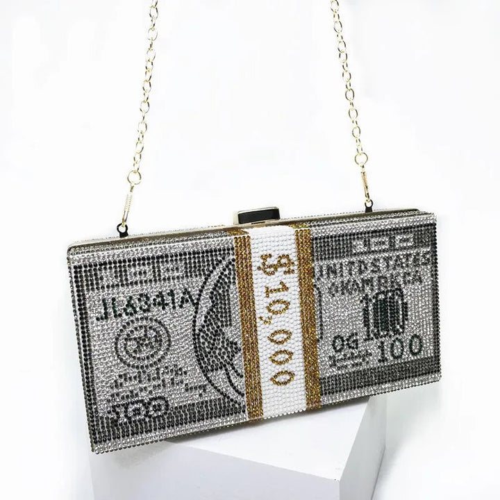 Trendy Dollar Stack Cash Evening Bag - Creative Rhinestone Fashion Handbag